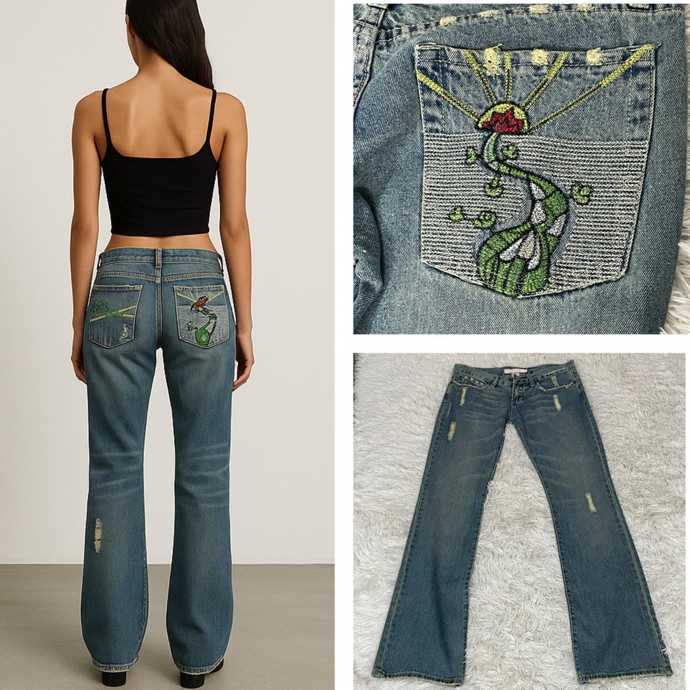 FANCY COLLECTION Low Rise Boot Cut Distressed Denim Jeans Embroidered Pockets 29